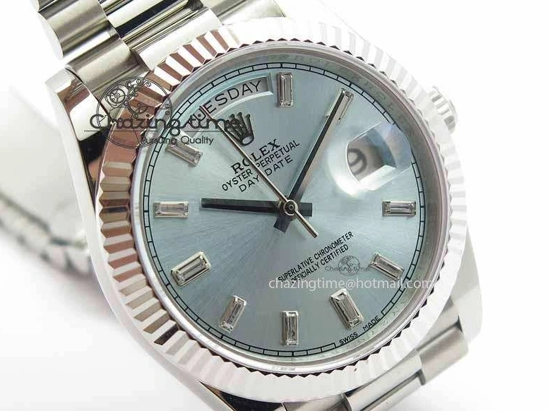MiroTime 1227 Elegant Day Date 40mm SS BP Maker Best Edition Ice Blue Dial Diamond Markers On SS Bracelet ETA 3700